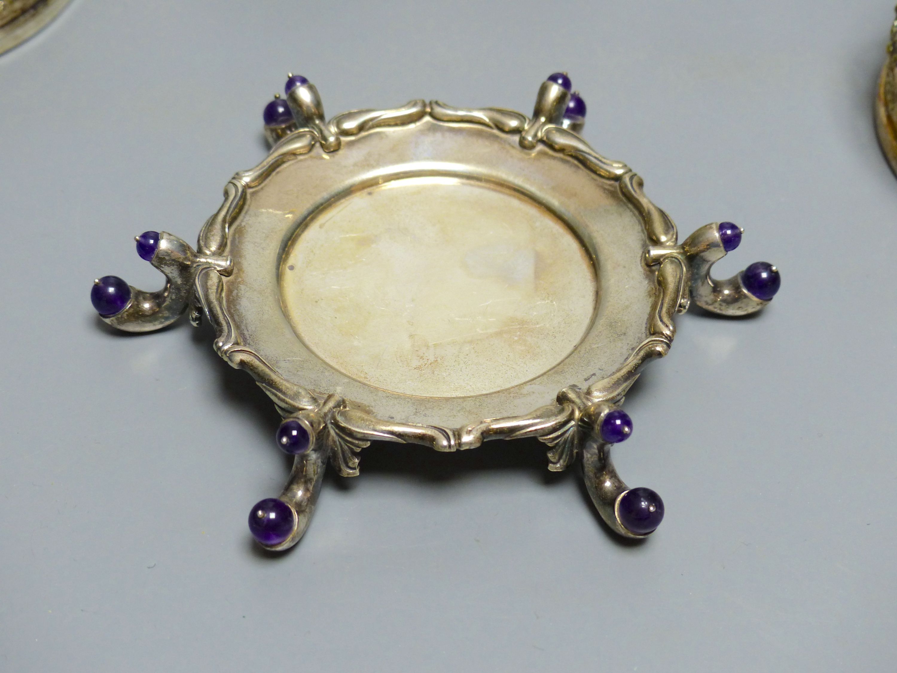 A sterling bowl, 15.1cm, a white metal and enamel spice tower, German beaker, pair of plated coasters and a stand